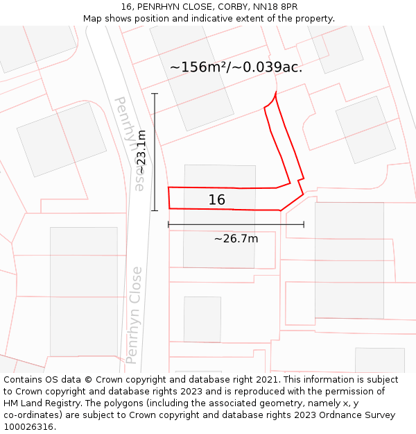 16, PENRHYN CLOSE, CORBY, NN18 8PR: Plot and title map