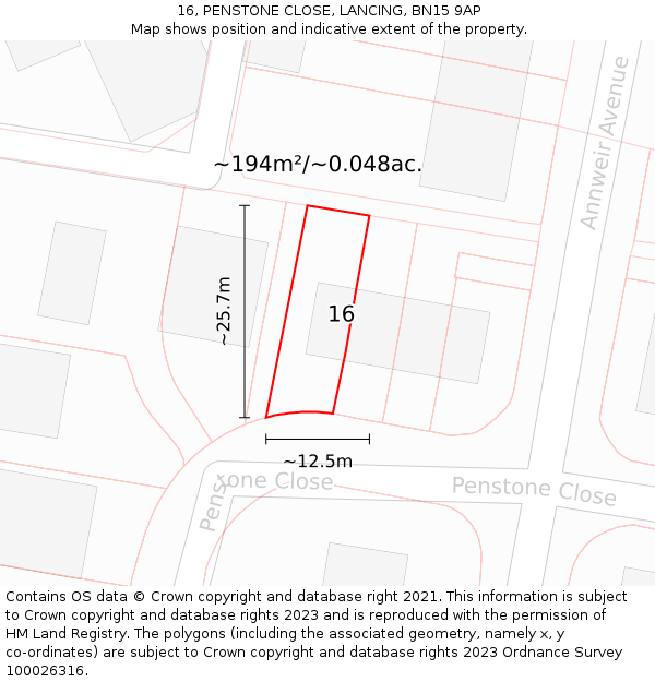 16, PENSTONE CLOSE, LANCING, BN15 9AP: Plot and title map