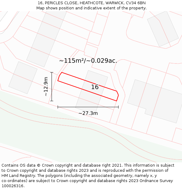 16, PERICLES CLOSE, HEATHCOTE, WARWICK, CV34 6BN: Plot and title map
