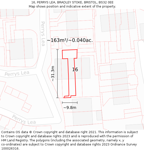 16, PERRYS LEA, BRADLEY STOKE, BRISTOL, BS32 0EE: Plot and title map