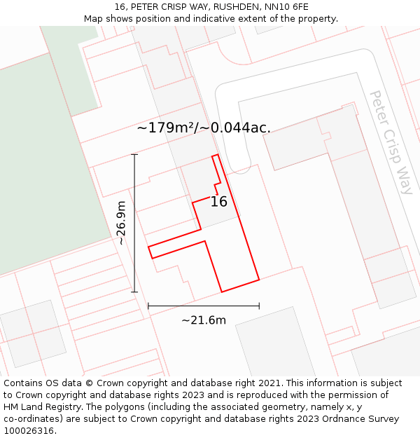16, PETER CRISP WAY, RUSHDEN, NN10 6FE: Plot and title map