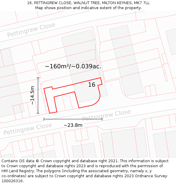 16, PETTINGREW CLOSE, WALNUT TREE, MILTON KEYNES, MK7 7LL: Plot and title map