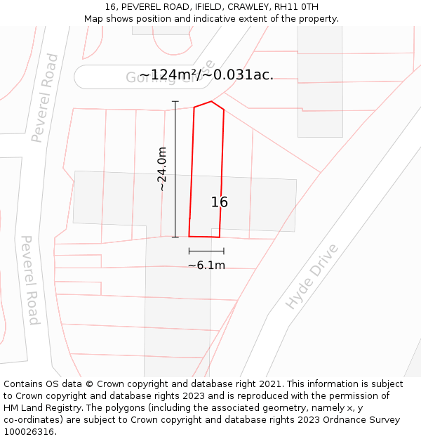 16, PEVEREL ROAD, IFIELD, CRAWLEY, RH11 0TH: Plot and title map