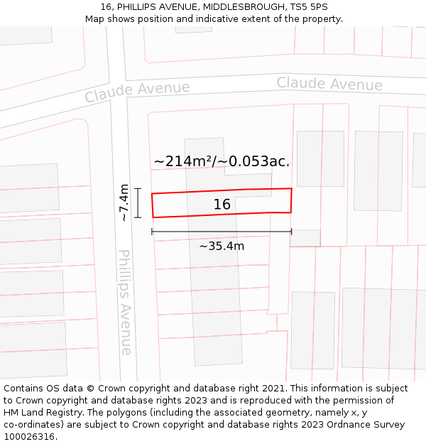 16, PHILLIPS AVENUE, MIDDLESBROUGH, TS5 5PS: Plot and title map