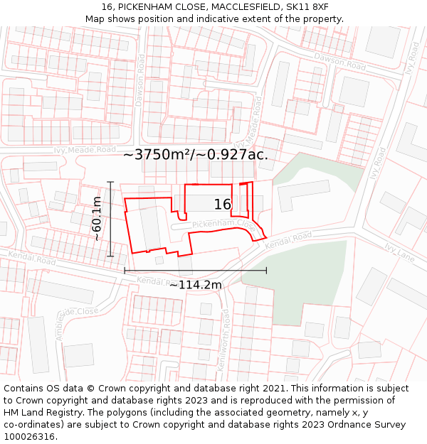 16, PICKENHAM CLOSE, MACCLESFIELD, SK11 8XF: Plot and title map