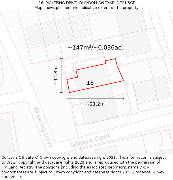 16, PICKERING DRIVE, BLAYDON-ON-TYNE, NE21 5GB: Plot and title map