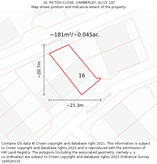 16, PICTON CLOSE, CAMBERLEY, GU15 1QT: Plot and title map