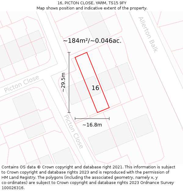 16, PICTON CLOSE, YARM, TS15 9FY: Plot and title map