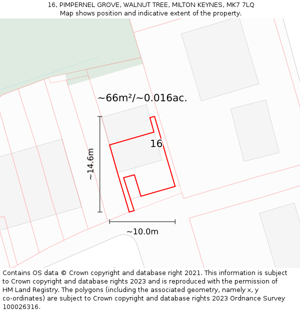 16, PIMPERNEL GROVE, WALNUT TREE, MILTON KEYNES, MK7 7LQ: Plot and title map