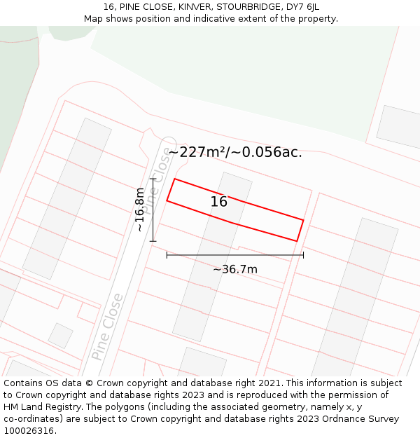 16, PINE CLOSE, KINVER, STOURBRIDGE, DY7 6JL: Plot and title map