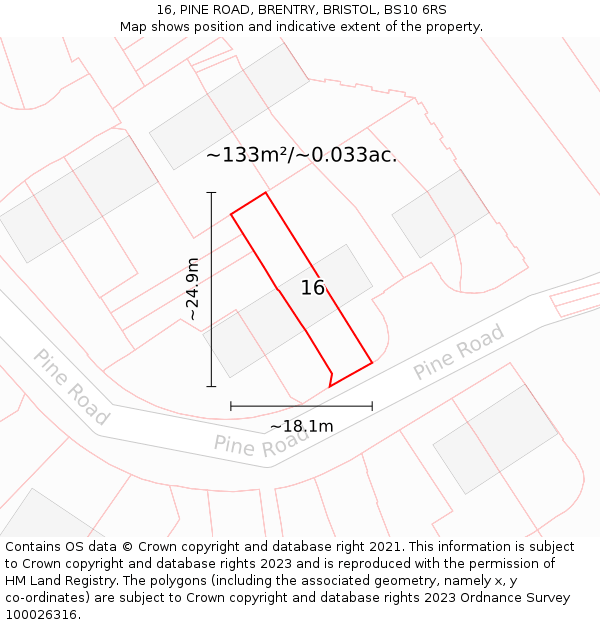 16, PINE ROAD, BRENTRY, BRISTOL, BS10 6RS: Plot and title map