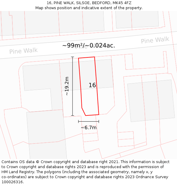16, PINE WALK, SILSOE, BEDFORD, MK45 4FZ: Plot and title map
