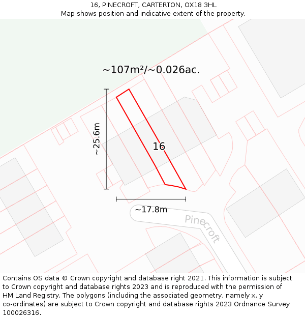 16, PINECROFT, CARTERTON, OX18 3HL: Plot and title map