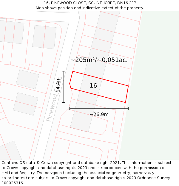16, PINEWOOD CLOSE, SCUNTHORPE, DN16 3FB: Plot and title map