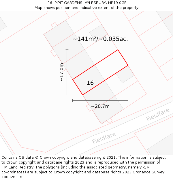 16, PIPIT GARDENS, AYLESBURY, HP19 0GF: Plot and title map