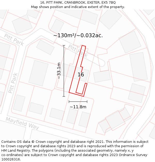 16, PITT PARK, CRANBROOK, EXETER, EX5 7BQ: Plot and title map