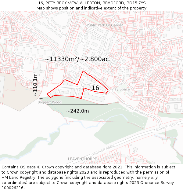 16, PITTY BECK VIEW, ALLERTON, BRADFORD, BD15 7YS: Plot and title map