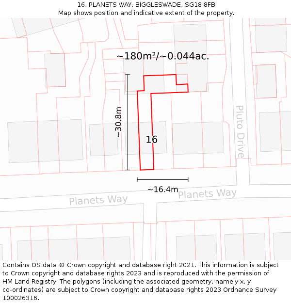 16, PLANETS WAY, BIGGLESWADE, SG18 8FB: Plot and title map