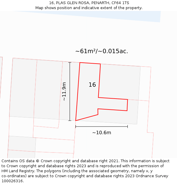 16, PLAS GLEN ROSA, PENARTH, CF64 1TS: Plot and title map