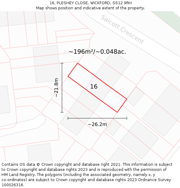 16, PLESHEY CLOSE, WICKFORD, SS12 9RH: Plot and title map