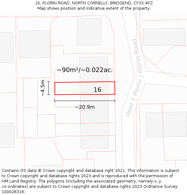 16, PLORIN ROAD, NORTH CORNELLY, BRIDGEND, CF33 4PZ: Plot and title map