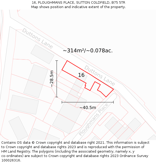 16, PLOUGHMANS PLACE, SUTTON COLDFIELD, B75 5TR: Plot and title map