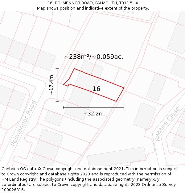 16, POLMENNOR ROAD, FALMOUTH, TR11 5UX: Plot and title map
