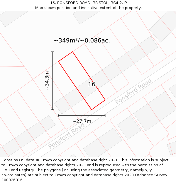 16, PONSFORD ROAD, BRISTOL, BS4 2UP: Plot and title map