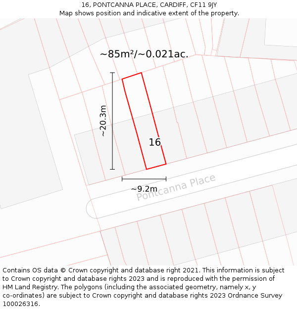 16, PONTCANNA PLACE, CARDIFF, CF11 9JY: Plot and title map
