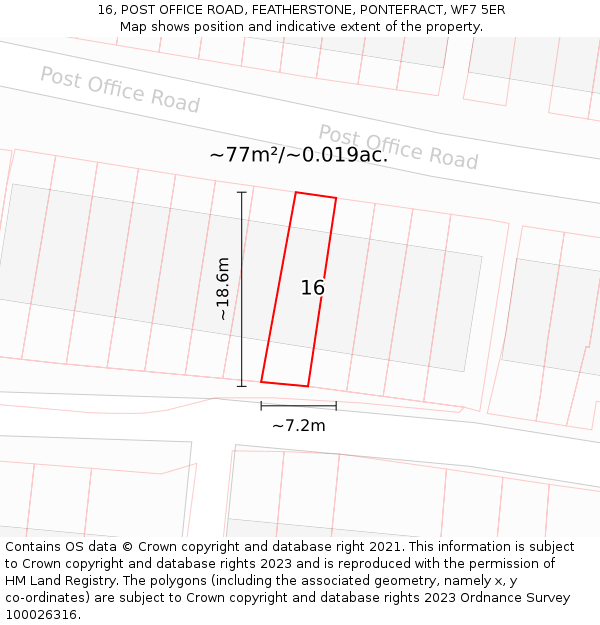16, POST OFFICE ROAD, FEATHERSTONE, PONTEFRACT, WF7 5ER: Plot and title map