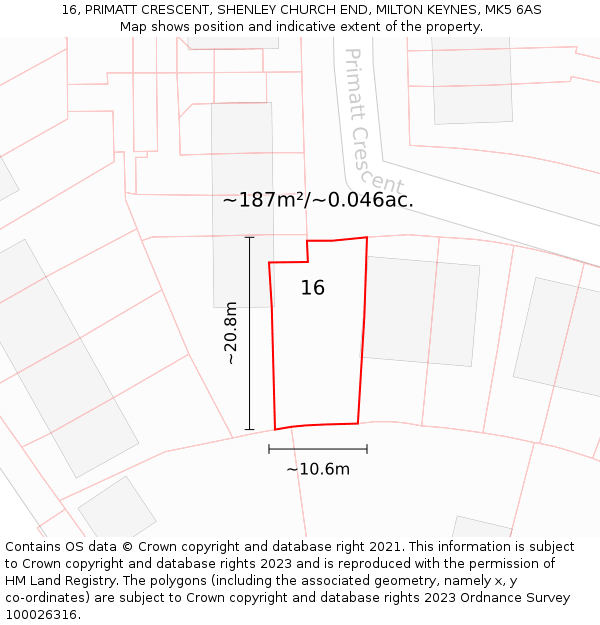 16, PRIMATT CRESCENT, SHENLEY CHURCH END, MILTON KEYNES, MK5 6AS: Plot and title map
