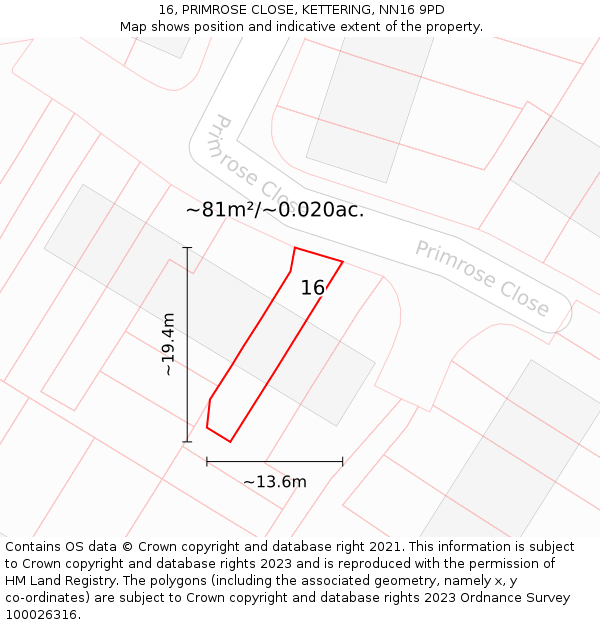 16, PRIMROSE CLOSE, KETTERING, NN16 9PD: Plot and title map