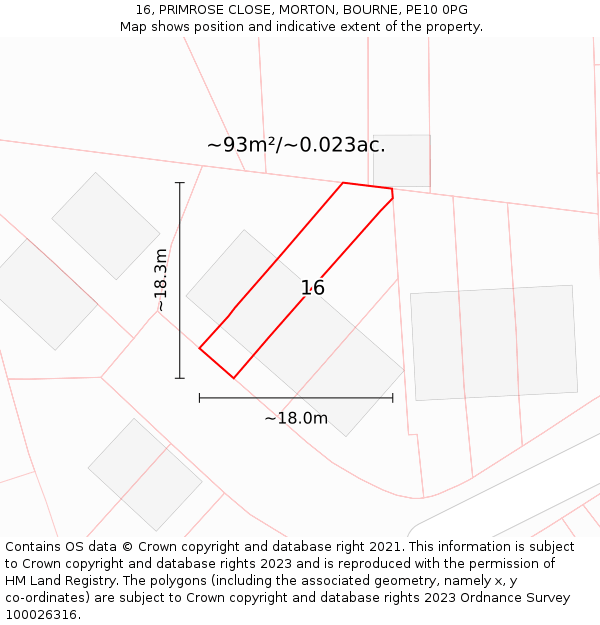 16, PRIMROSE CLOSE, MORTON, BOURNE, PE10 0PG: Plot and title map