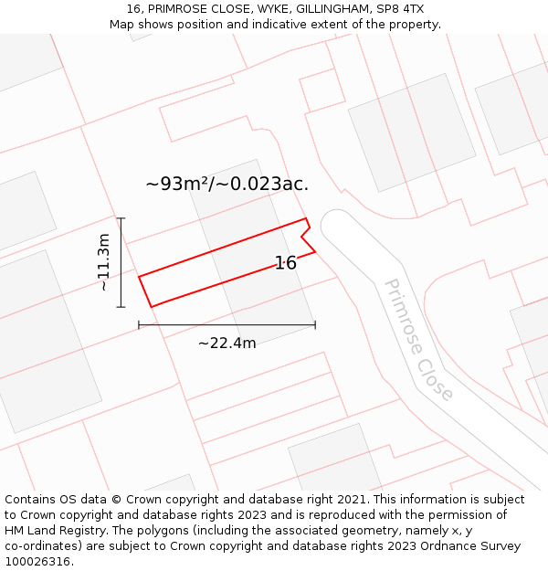 16, PRIMROSE CLOSE, WYKE, GILLINGHAM, SP8 4TX: Plot and title map