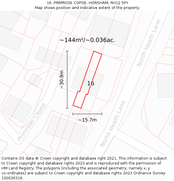 16, PRIMROSE COPSE, HORSHAM, RH12 5PY: Plot and title map