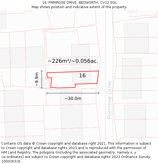 16, PRIMROSE DRIVE, BEDWORTH, CV12 0GL: Plot and title map