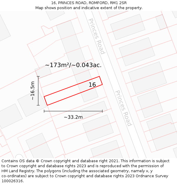 16, PRINCES ROAD, ROMFORD, RM1 2SR: Plot and title map