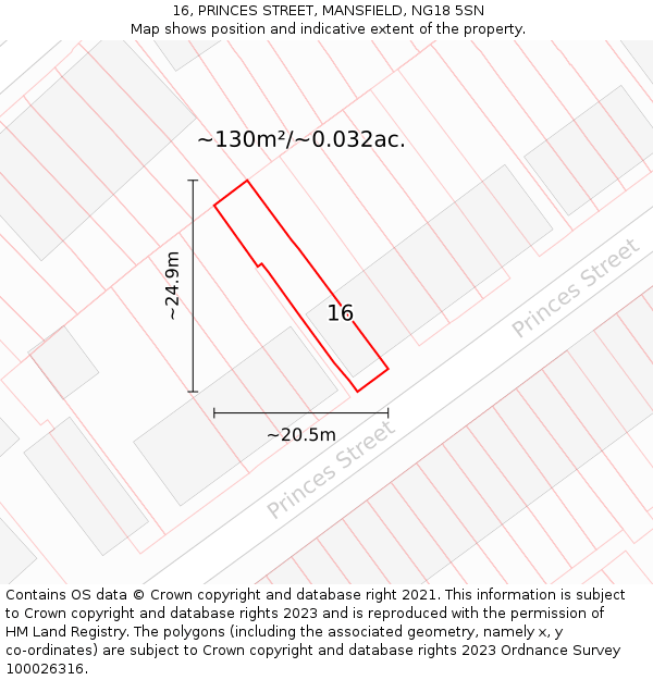 16, PRINCES STREET, MANSFIELD, NG18 5SN: Plot and title map