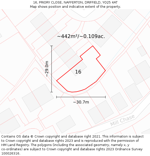 16, PRIORY CLOSE, NAFFERTON, DRIFFIELD, YO25 4AT: Plot and title map