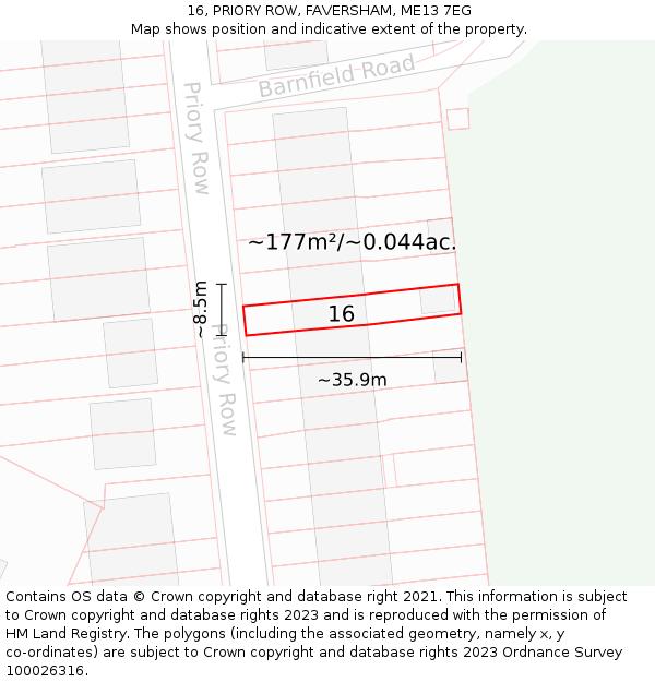 16, PRIORY ROW, FAVERSHAM, ME13 7EG: Plot and title map