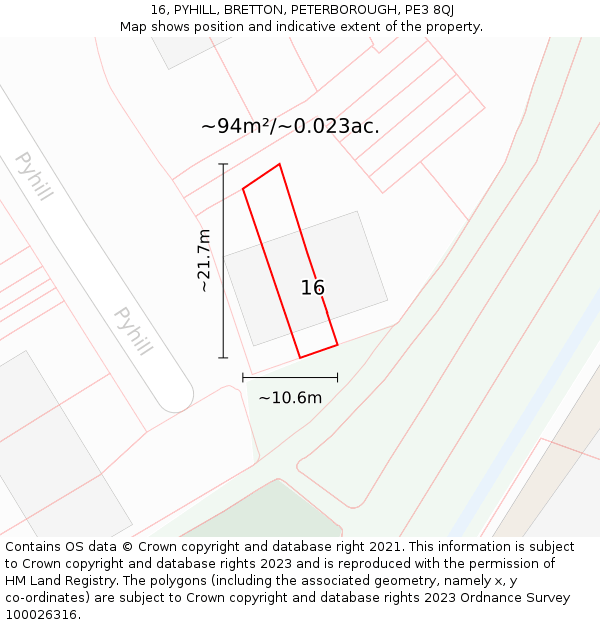 16, PYHILL, BRETTON, PETERBOROUGH, PE3 8QJ: Plot and title map