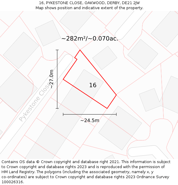 16, PYKESTONE CLOSE, OAKWOOD, DERBY, DE21 2JW: Plot and title map