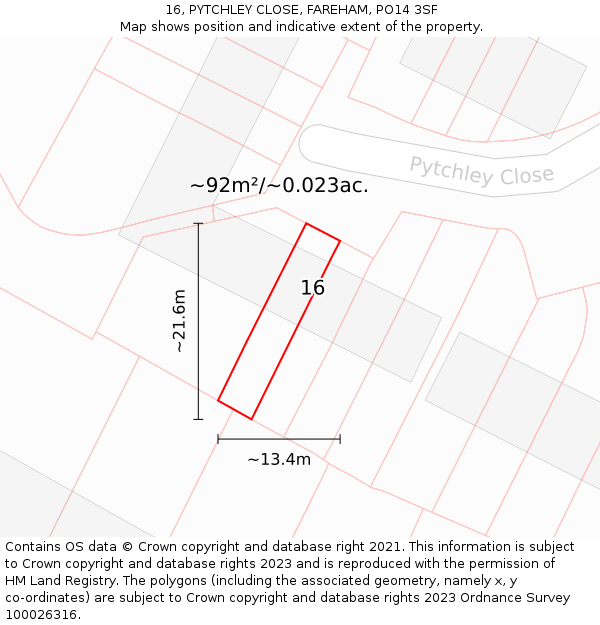 16, PYTCHLEY CLOSE, FAREHAM, PO14 3SF: Plot and title map
