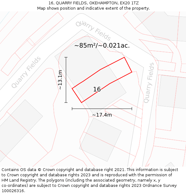 16, QUARRY FIELDS, OKEHAMPTON, EX20 1TZ: Plot and title map
