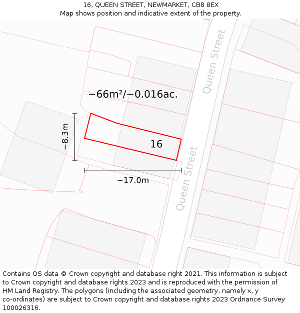 16, QUEEN STREET, NEWMARKET, CB8 8EX: Plot and title map