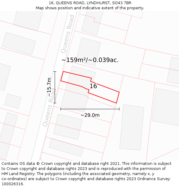 16, QUEENS ROAD, LYNDHURST, SO43 7BR: Plot and title map