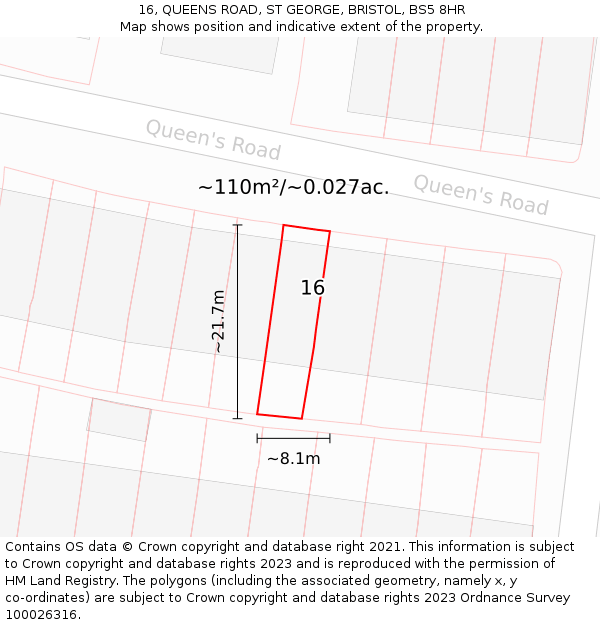 16, QUEENS ROAD, ST GEORGE, BRISTOL, BS5 8HR: Plot and title map
