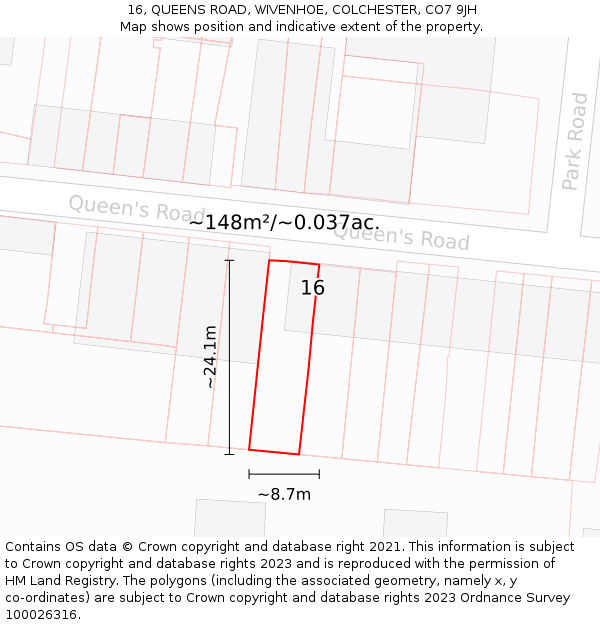 16, QUEENS ROAD, WIVENHOE, COLCHESTER, CO7 9JH: Plot and title map