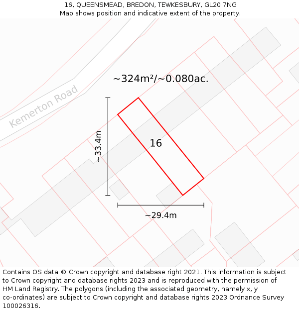 16, QUEENSMEAD, BREDON, TEWKESBURY, GL20 7NG: Plot and title map