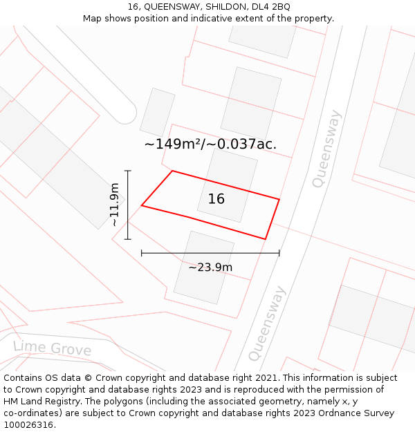 16, QUEENSWAY, SHILDON, DL4 2BQ: Plot and title map